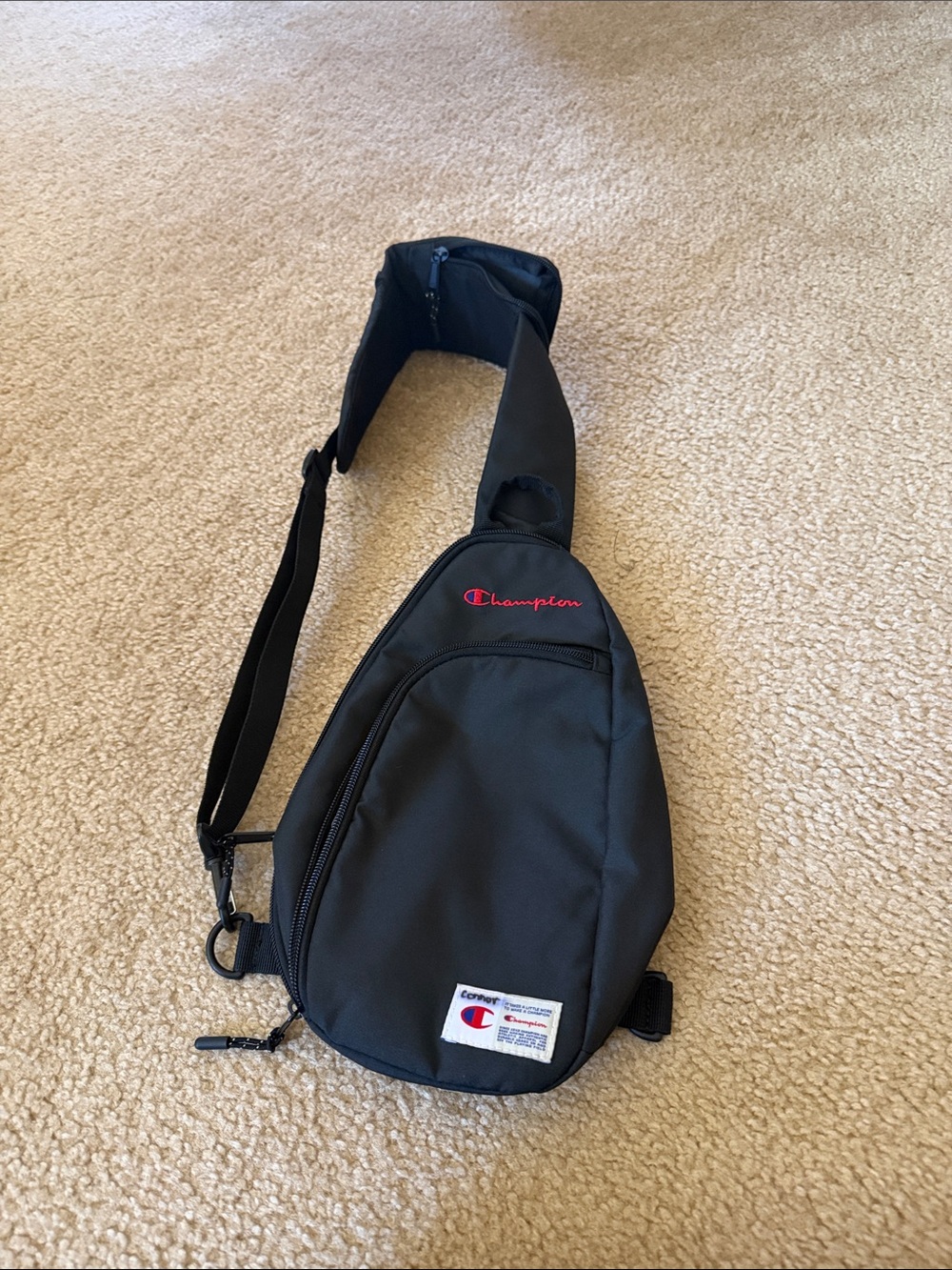 Champion Black Sling Bag with Red Logo